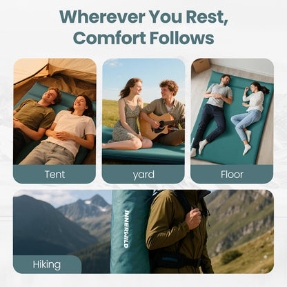 INNERWILD Double Camping Sleeping Pad with Electric Pump, 3.15" Thick 2 Person Self Inflating Memory Foam Mattress Pad with Pillow, Portable Sleeping Mat for Travel, Car, Tent- Dark Green, Full Size