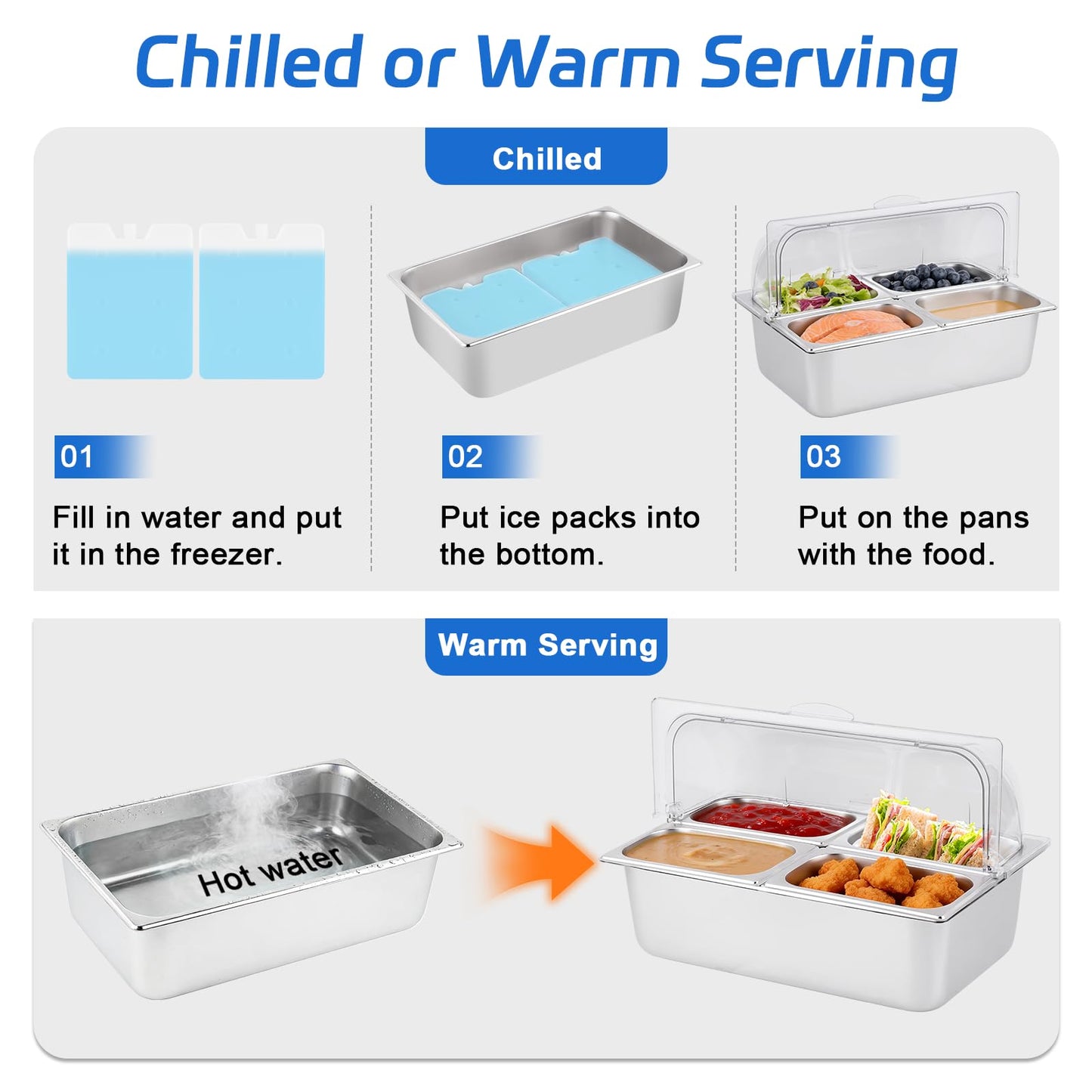YMJOINMX Cold Food Buffet Server 4 Pans×2.7QT with Ice Packs for Salad Pizza Sauce Colded Serving Trays Condiments Containers for Parties Buffet
