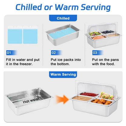 YMJOINMX Cold Food Buffet Server 4 Pans×2.7QT with Ice Packs for Salad Pizza Sauce Colded Serving Trays Condiments Containers for Parties Buffet