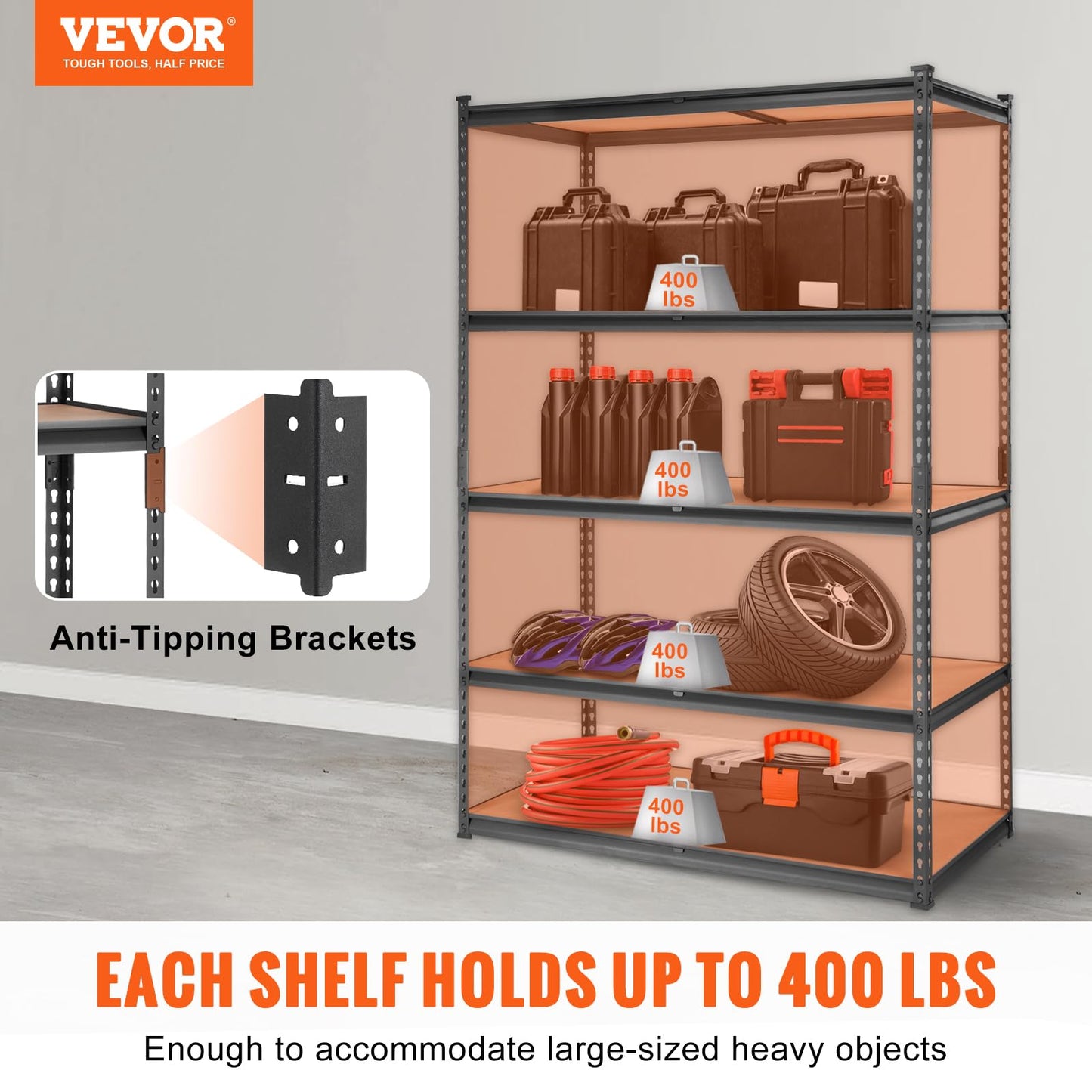 VEVOR Storage Shelving Unit, 5-Tier Adjustable Storage Shelves, 48" L x 24" W x 72" H Heavy Duty Garage Storage Shelves, Metal Shelves for Kitchen Pantry Basement Bathroom Laundry