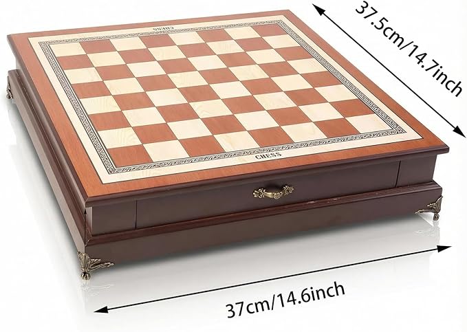 14.6-Inch Wooden Chess Set with Drawer Storage – Handmade Chess Board with 2 Extra Queens Elegant Home Decor and Strategy Game for Adults &amp Beginners