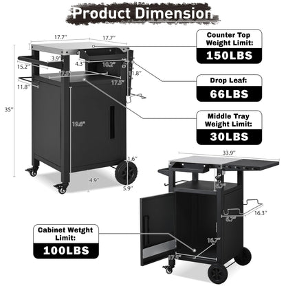 Merax Small Outdoor Grill Cart with Storage Cabinet & Drop Leaf, Outdoor Metal Bar Cart Pizza Oven Table on Wheels, Stainless Steel Top Outdoor Kitchen Island for BBQ Food Prep, Grill Cover Included