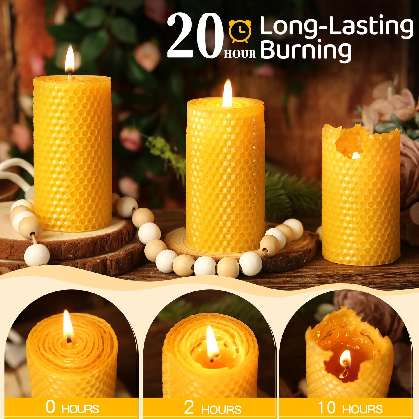 3 Pack Natural Beeswax Pillar Candles,Handmade Pure Beeswax Rolled Candle-60 Hours Long Burning,Honeycomb Bees Wax Candles for Home, Prayer,Dripless Smokeless Unscented Pillar Candle 2x4in