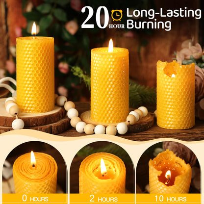 3 Pack Natural Beeswax Pillar Candles,Handmade Pure Beeswax Rolled Candle-60 Hours Long Burning,Honeycomb Bees Wax Candles for Home, Prayer,Dripless Smokeless Unscented Pillar Candle 2x4in
