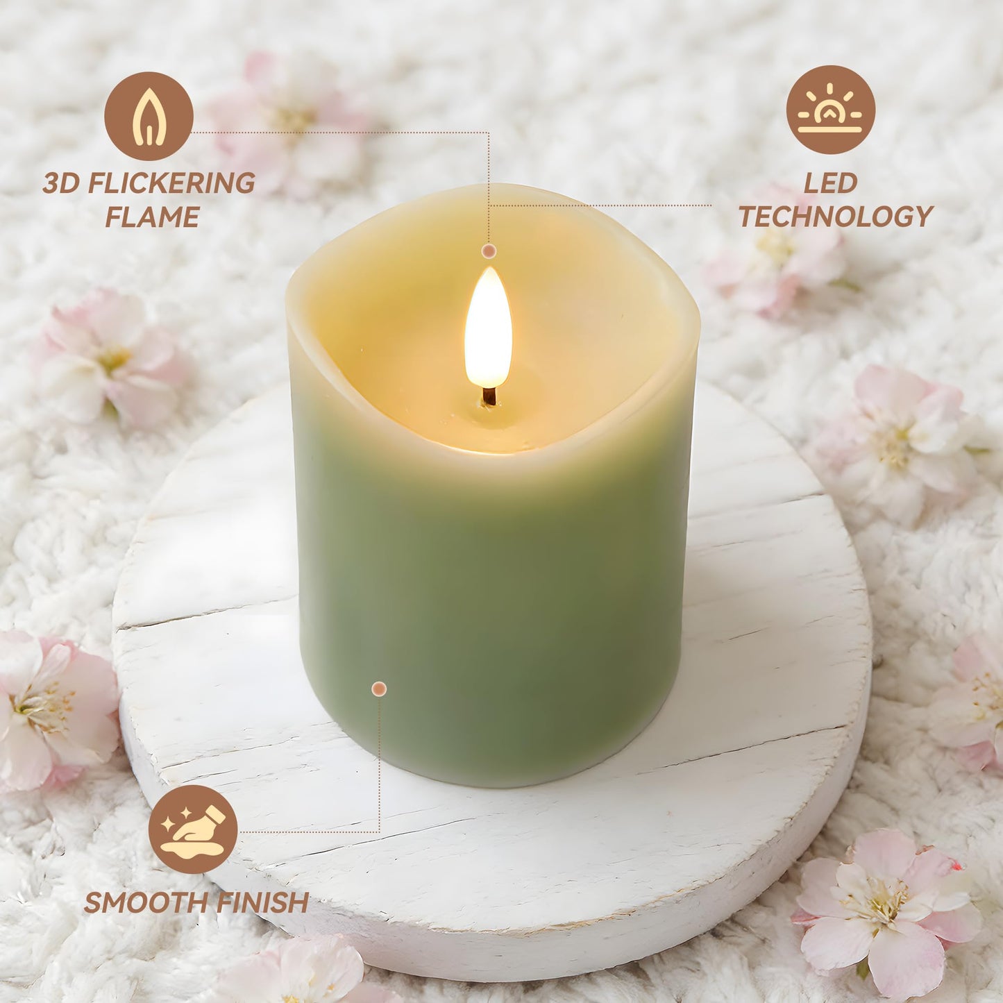 Velsyn Green Flameless Candles with Remote and Timer, Real Wax Made LED Pillar Candles Battery Operated with 3D Flickering Flame Melted Edge, 3" x 4",5",6", Set of 3 (Pastel Green)
