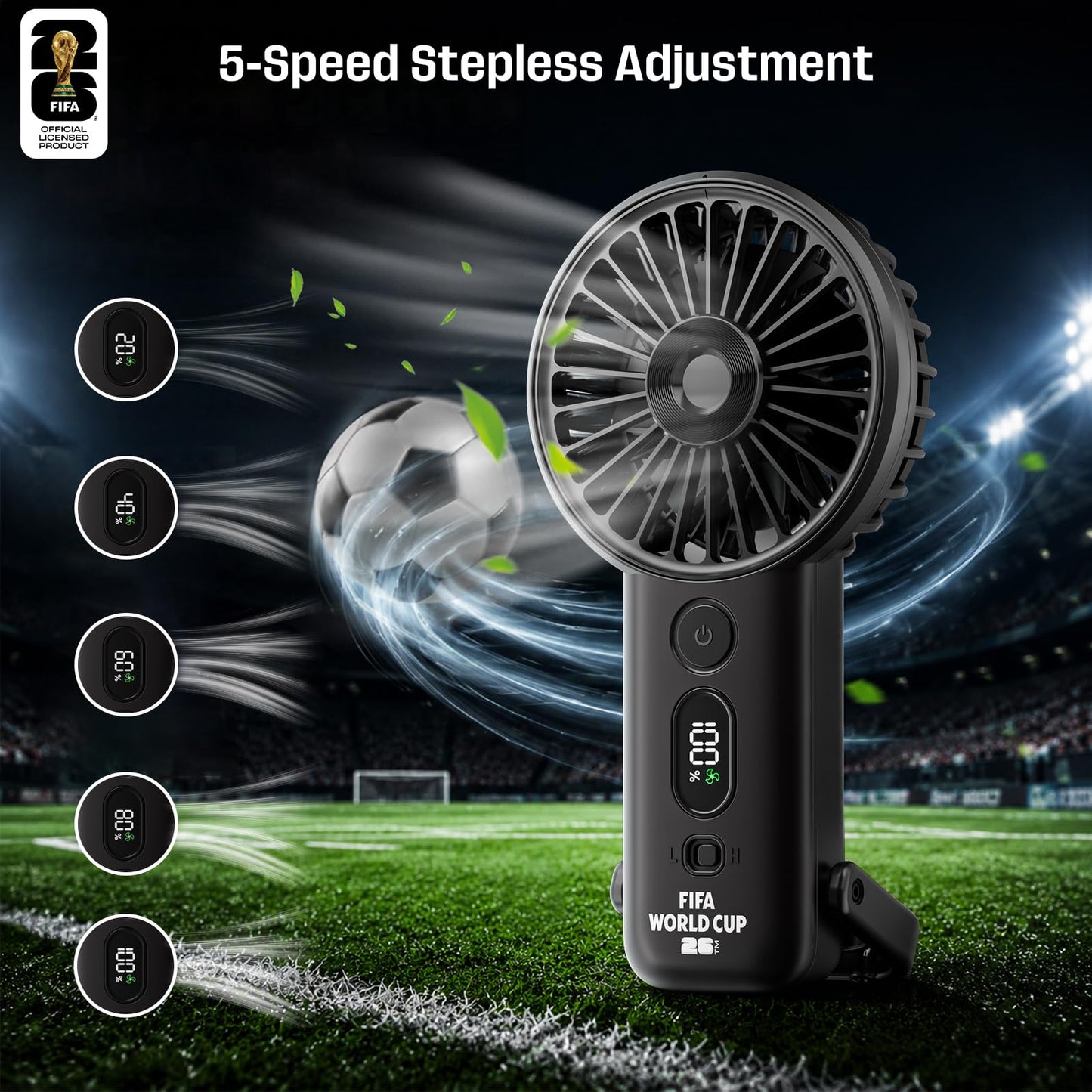 Covbozk FIFA World Cup 2026 Licensed 5-Gear Wind Handheld Turbo Fan and 3-in-1 Wireless Earbuds Flashlight for Outdoor Travel
