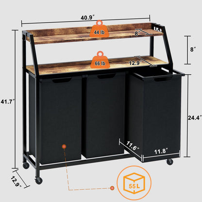 Timberer Laundry Hamper, Laundry Sorter 3 Section, Rolling Laundry Basket with Wheels, 2 Shelves, 3 × 14.5 Gal, Pull-Out and Removable Oxford Fabric Bags, for Laundry Room, Black and Rustic Brown