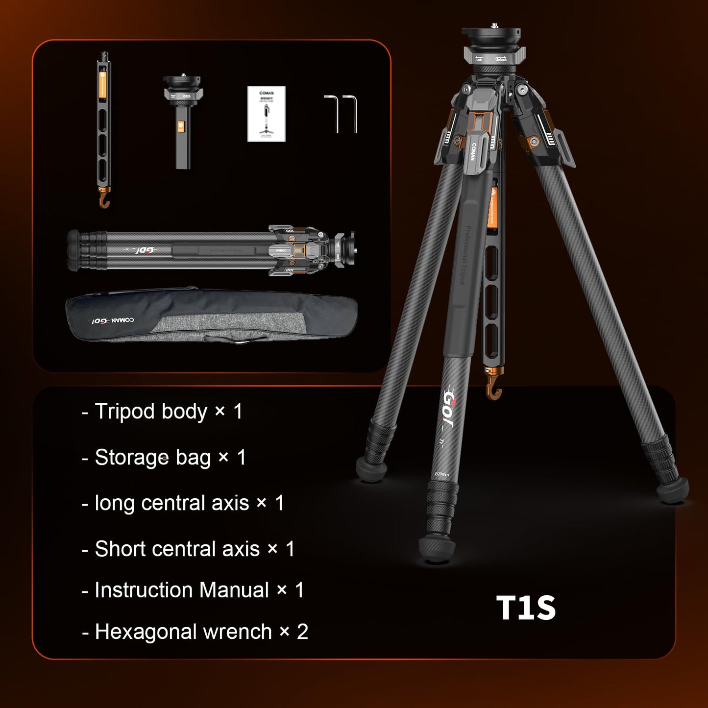 COMAN T1S Snap Open Carbon Fiber Tripod, Professional Tripod for Camera with Ball Bowl Head, 65'' Video Tripod with Quick Release Center Column, Max Load 20kg / 44lb