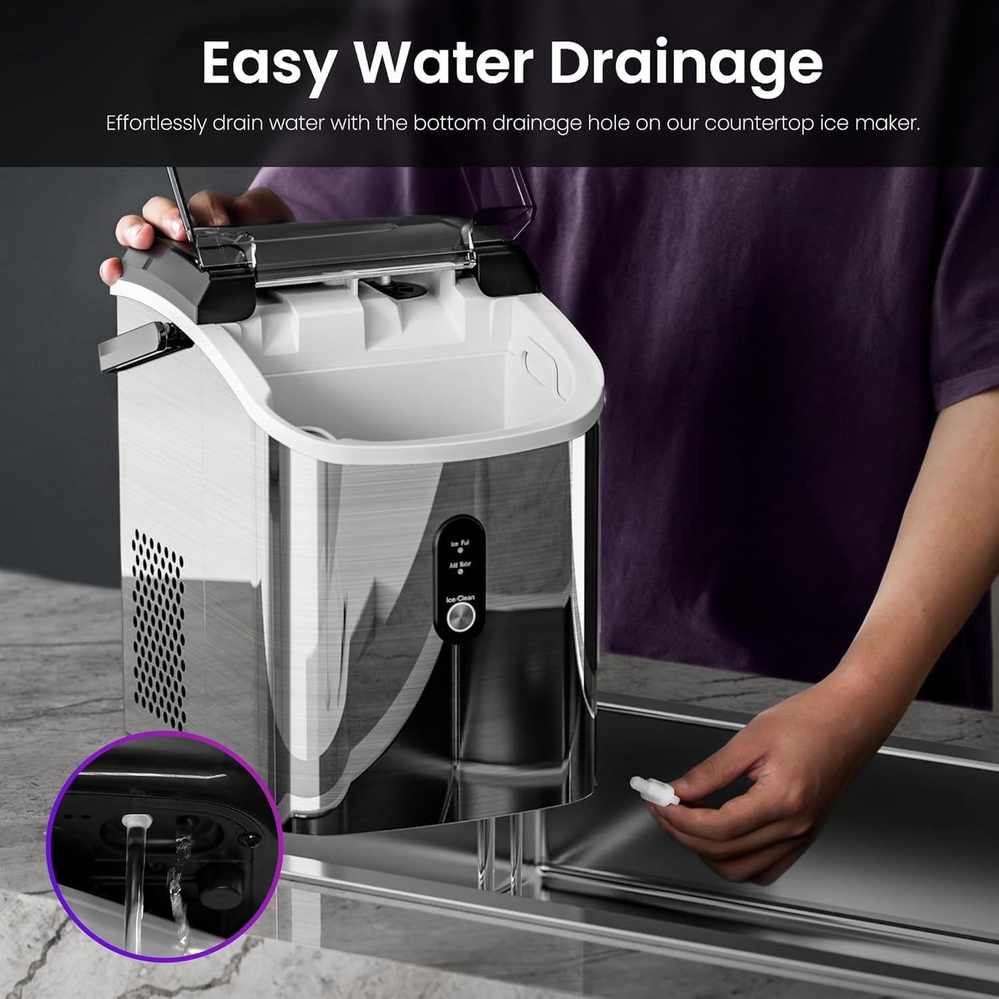 Kismile Nugget Ice Makers Countertop,35Lbs/24H,Portable Sonic Ice Machine with Self-Cleaning,One-Click Operation for Home/Office(Stainless Steels Silver)