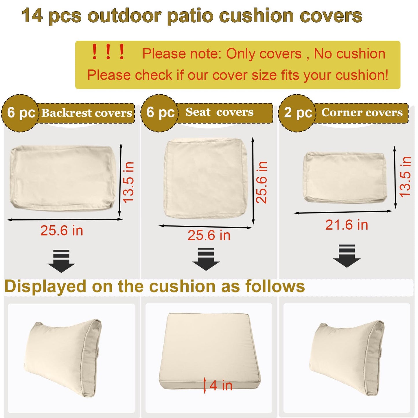 SpaceHop 14 Piece Outdoor Patio Cushion Cover Replacement, Waterproof Patio Cushion Covers, Outdoor Furniture Cushion Covers Set for 6 Seat Wicker Rattan Sofa (Off-White)