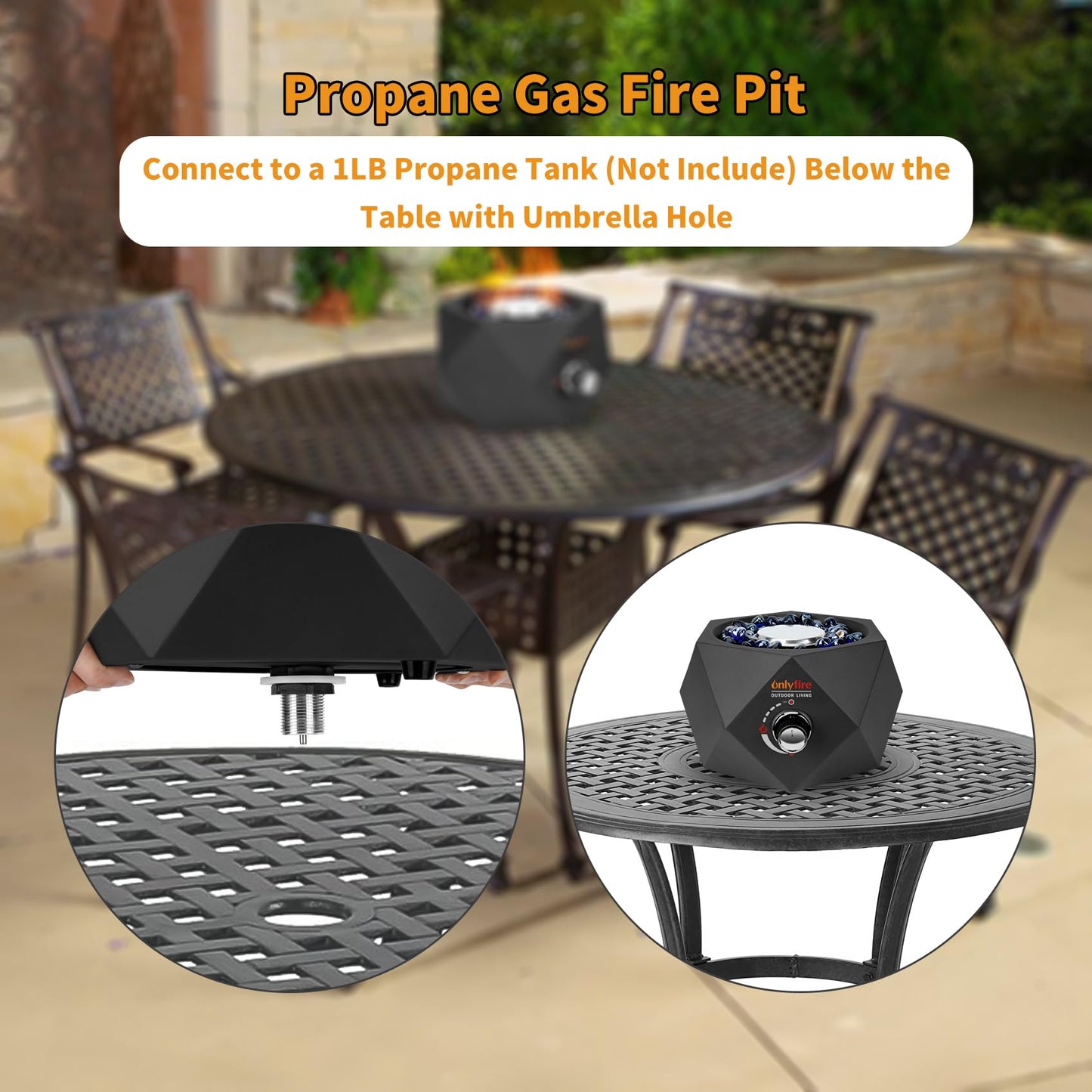 ONLYFIRE OUTDOOR LIVING 14” Modern Tabletop Fire Pit for Table with Umbrella Hole, Portable Gas Firepit for 1lb Propane Gas, Patio Backyard Porch Camping RV Tailgating, Bottom-Mounted FP003