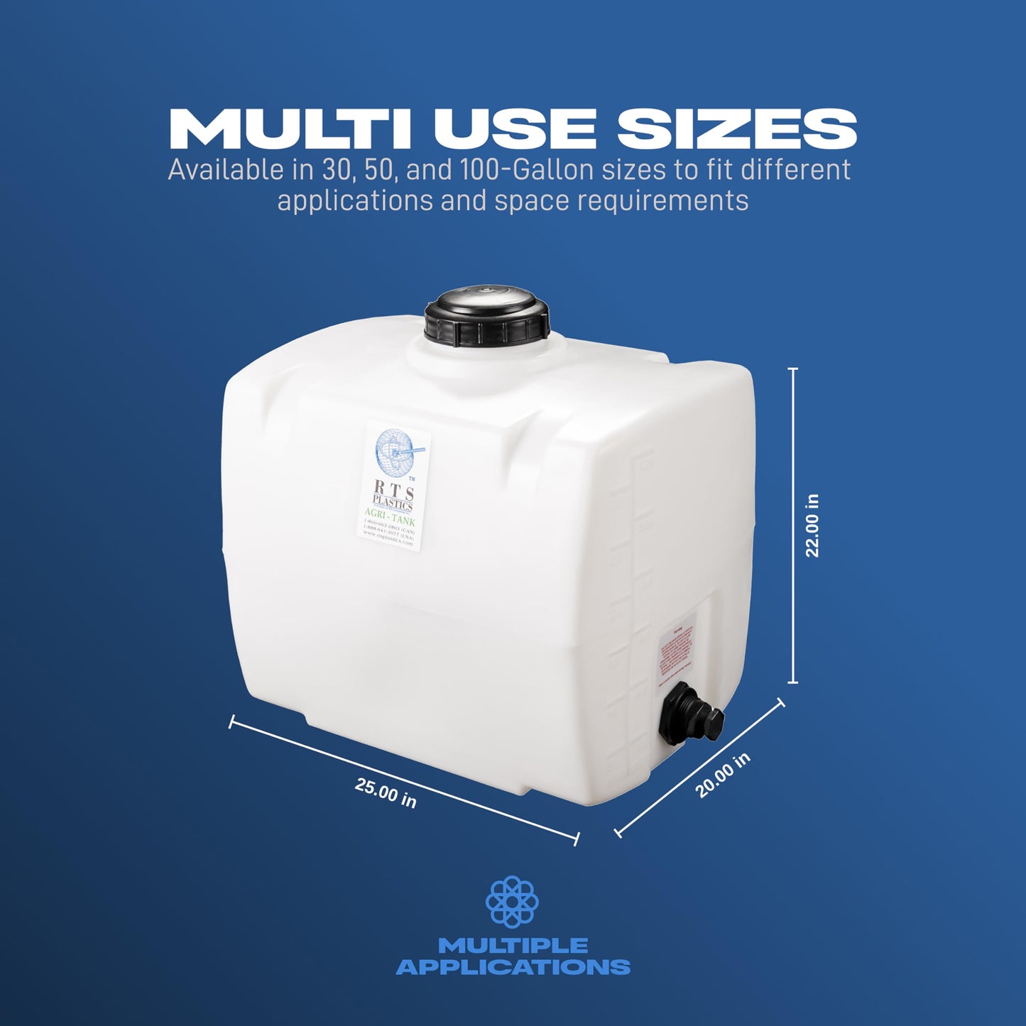 RTS Plastics Rotomolded Polyethylene PCO-30 Gallon Tank for Water and Non-Flammable Liquids with Molded Grad Strip and Siphon Elbow