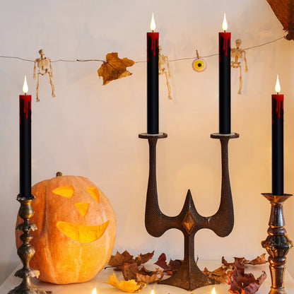 Lasumora Halloween Black Flameless Taper Candles Flickering with Remote Timer, Battery Operated Led Taper Candle, 4 Pcs Drip Wax Candlesticks for Halloween Decor Horror Party Table Window Decoration