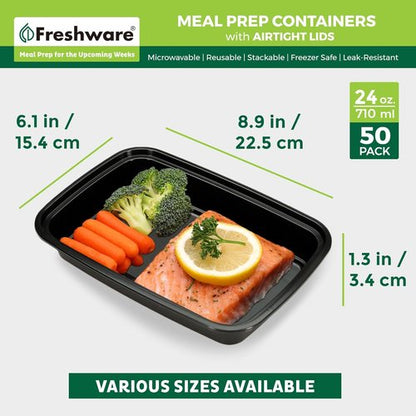 Freshware Meal Prep Containers - 50 Pack | 1 Compartment Food Storage, BPA Free, Stackable, 24 oz