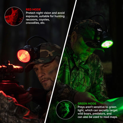 GearOZ 10W LED Coon Hunting Lights for Predator Coyote Hog, 55000 LUX Super Bright Hunting Headlamp Rechargeable, IPX5 Waterproof White Light & Red/Green Optical Filters, 5 Position Switch Soft Cap