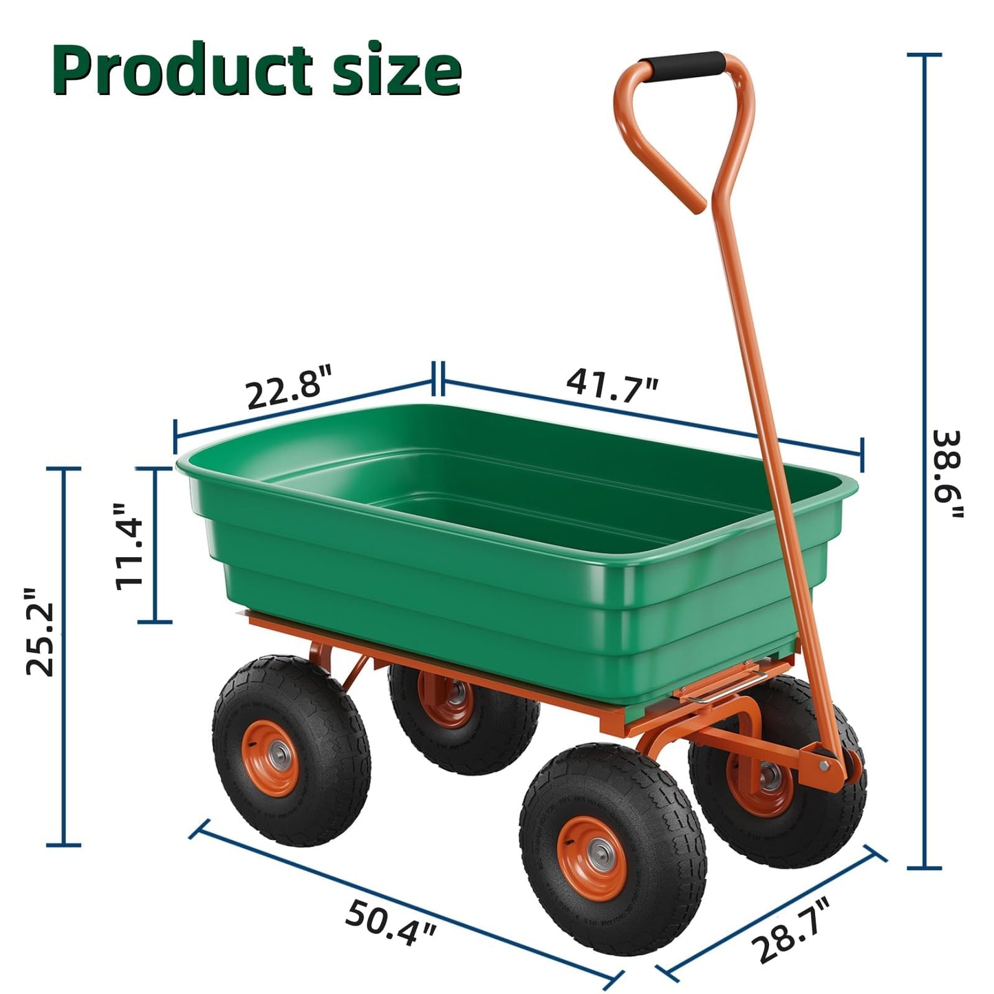 Garden Cart with 13" No-Flat Tires, 1200 lbs Capacity, 7 Cubic Feet Polyethylene Yard Dump Wagon w/ 180° Swivel Handle Towable, Utility Wagon for Yard, Garden, Landscaping, Heavy Duty & Rust-Proof