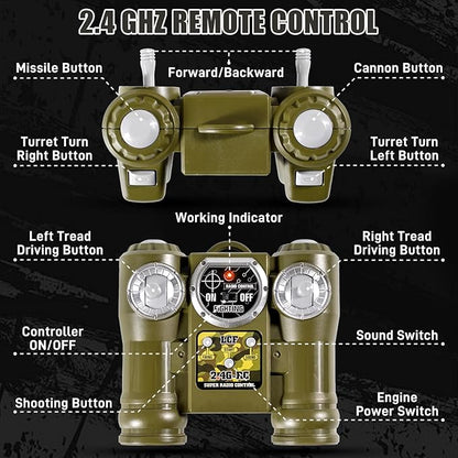 1/24 RC Tank 2.4Ghz Chinese 99 Remote Control Tank &amp 330°Turret Rotation. 2 × Rechargeable Batteries Infrared Battle Toy with Smoke LED Lights and Sound Effect Gift for Boys