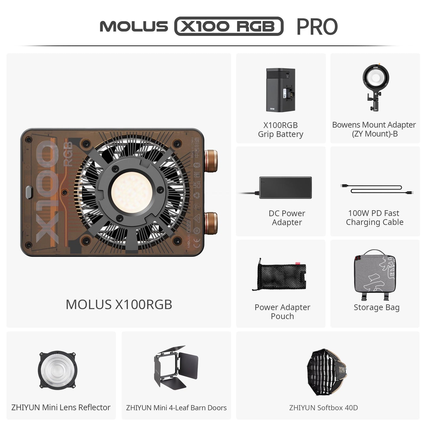 ZHIYUN MOLUS X100 RGB PRO 100W Continuous Output Lighting [Official] V2 Upgraded Version Portable Video Light Handheld Professional Photography Lighting CRI≥95 TLCI≥97 2500K~10000K Only 384g (Black)