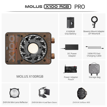 ZHIYUN MOLUS X100 RGB PRO 100W Continuous Output Lighting [Official] V2 Upgraded Version Portable Video Light Handheld Professional Photography Lighting CRI≥95 TLCI≥97 2500K~10000K Only 384g (Black)
