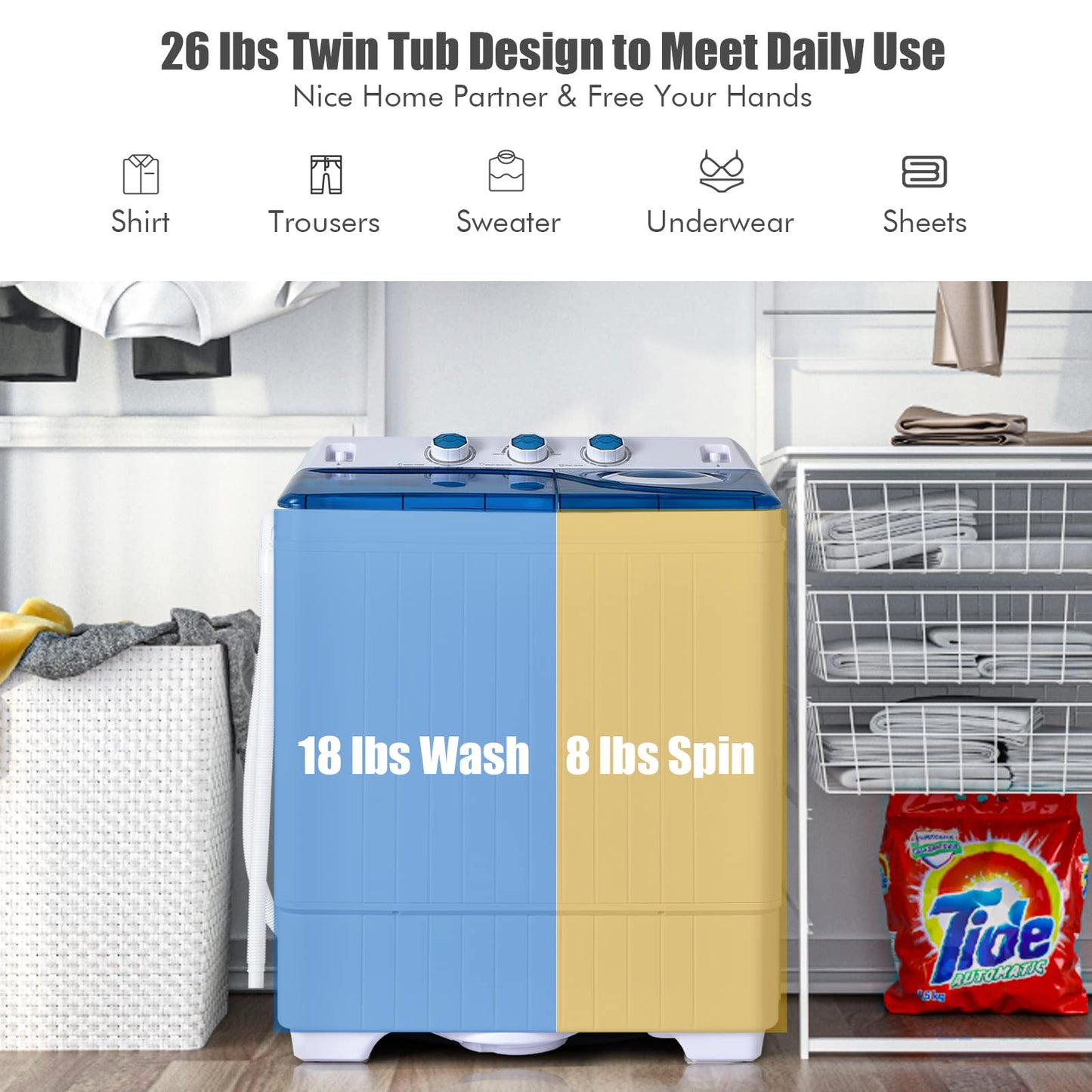 COSTWAY Portable Washing Machine, Twin Tub 26lbs Capacity Laundry Washer, 18lbs Washer and 8lbs Spinner Combo with Timer Knobs, Built-in Drain Pump, Compact Washer for Home Dorm Apartment, Blue+White