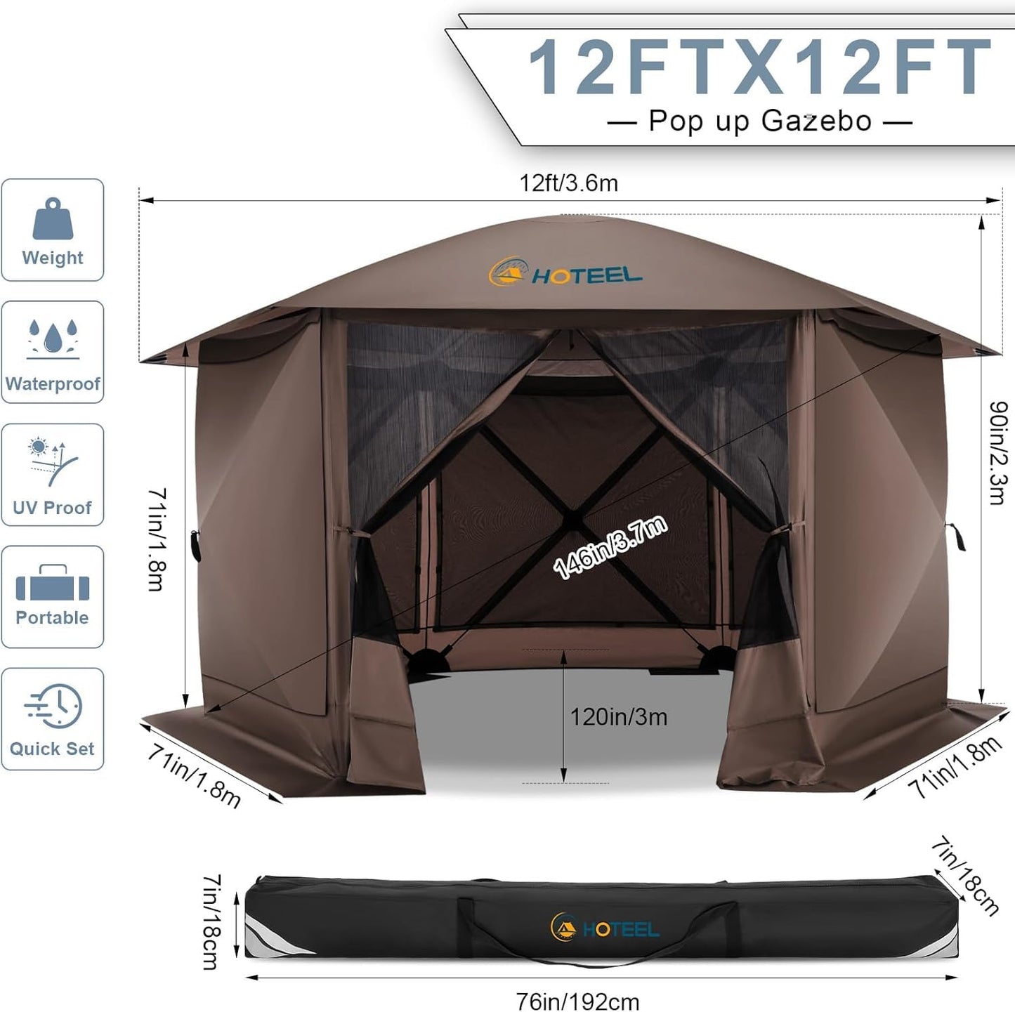 COBIZI 12x12FT Pop Up Gazebo Screen Tent Screen House for Camping, Screen Room with Mosquito Netting, Hub Tent Instant Screened Canopy with Carrying Bag and Ground Stakes, Brown