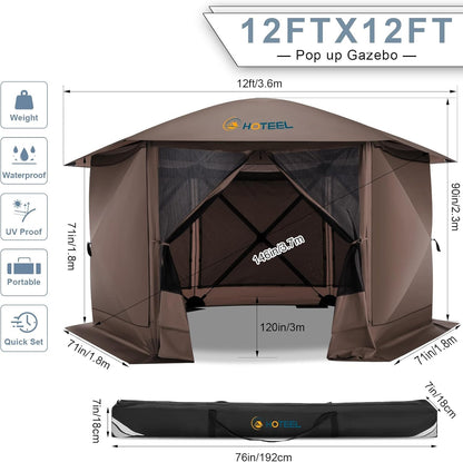 COBIZI 12x12FT Pop Up Gazebo Screen Tent Screen House for Camping, Screen Room with Mosquito Netting, Hub Tent Instant Screened Canopy with Carrying Bag and Ground Stakes, Brown