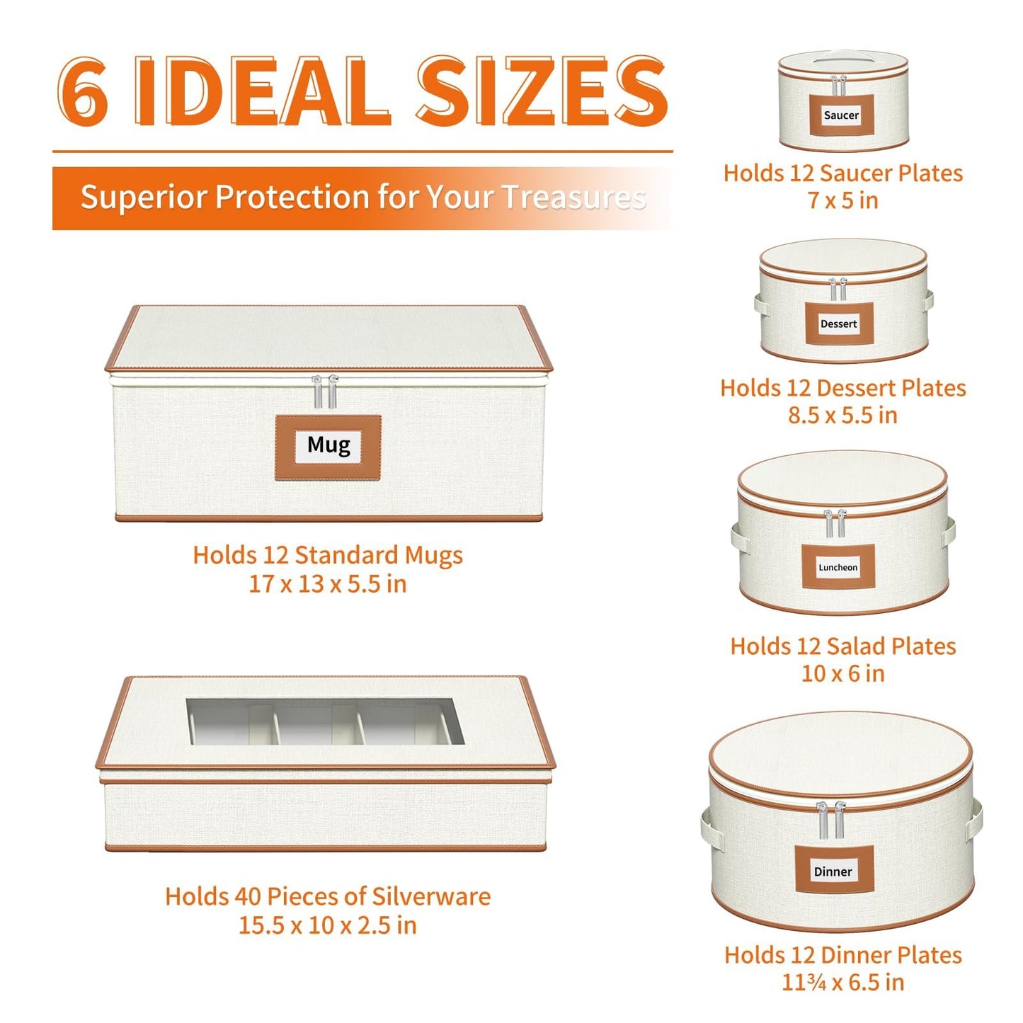 Aokeyee 6-Piece China Storage Containers Set, Hard Shell Moving Boxes for Dishes, Plates, Mugs & Flatware – Dinnerware Organizer with Soft Felt Dividers, Sturdy Handles & Zippers, Ivory