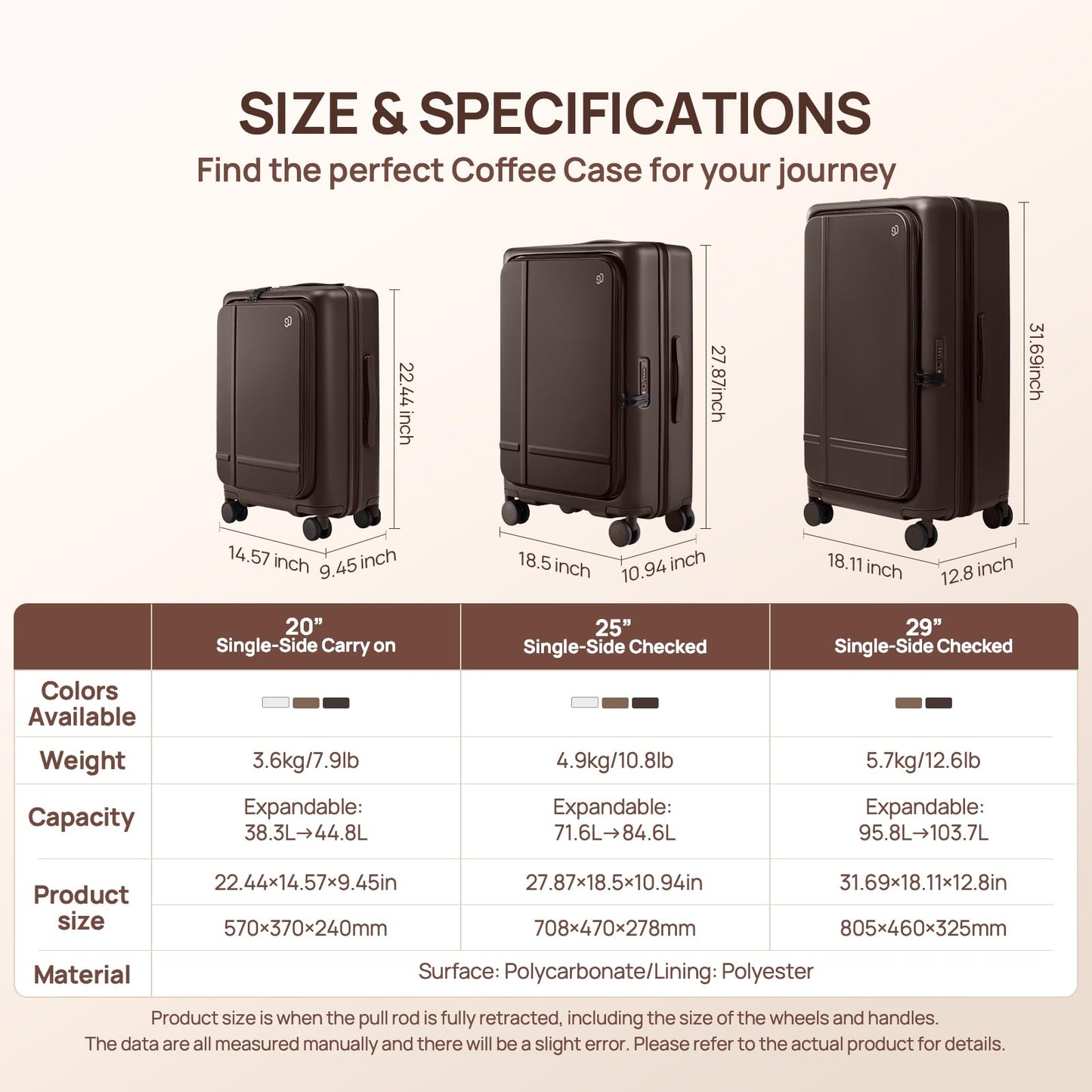 NINETYGO Medium Checked Luggage 25 Inch, Flat Top Opening Check In Luggage with Cup Holder, Expandable, Coffee-Infused PC Hard Shell, Eco-Friendly, TSA Lock, 360° Spinner Wheels (Americano)