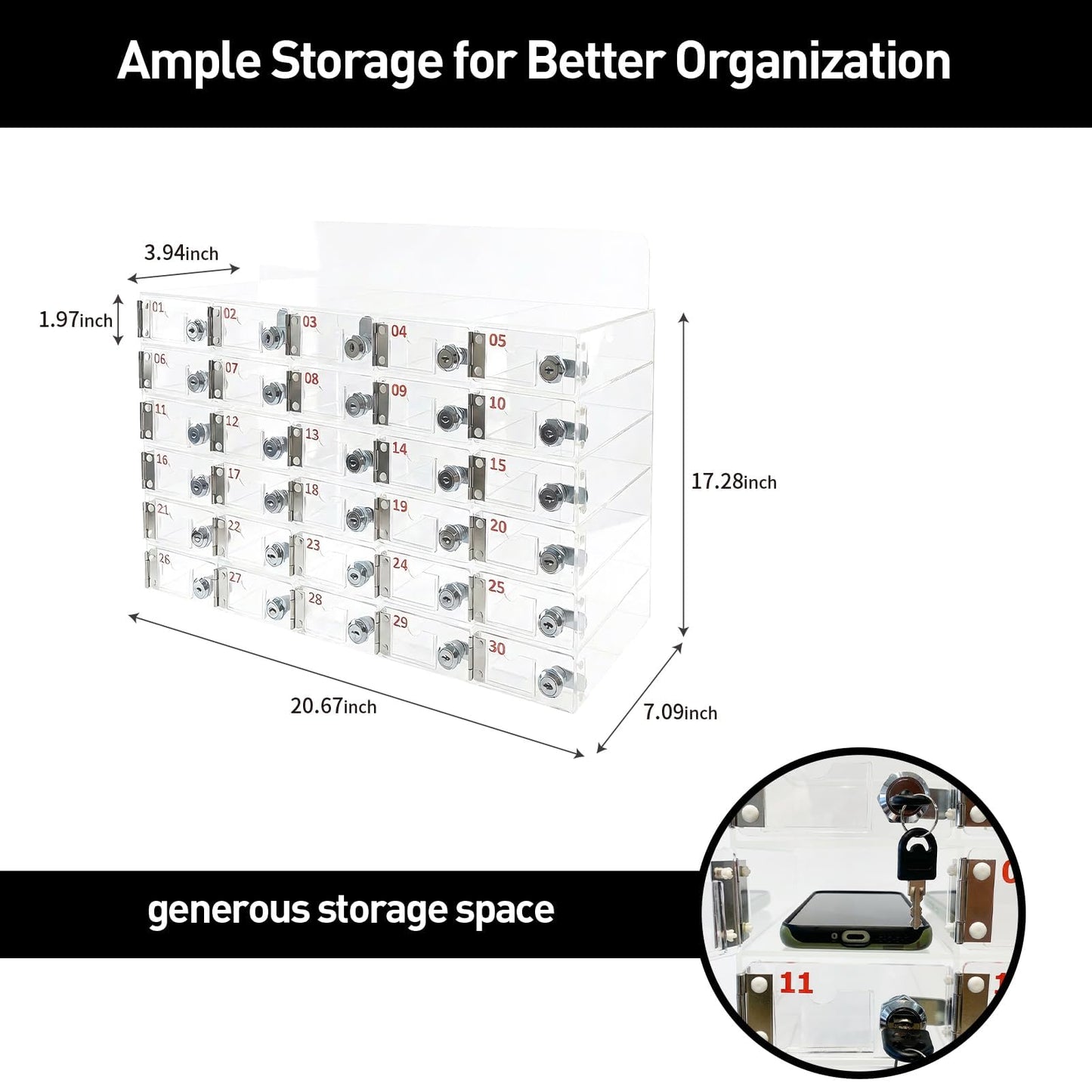 automoris 30-Slot Lockable Phone Locker, Heavy-Duty Acrylic Cell Phone Storage Cabinet with Cell Phone Locker Box for Medium Office, Factory, Secure Organization Box with Keys Gym Swimming Pool