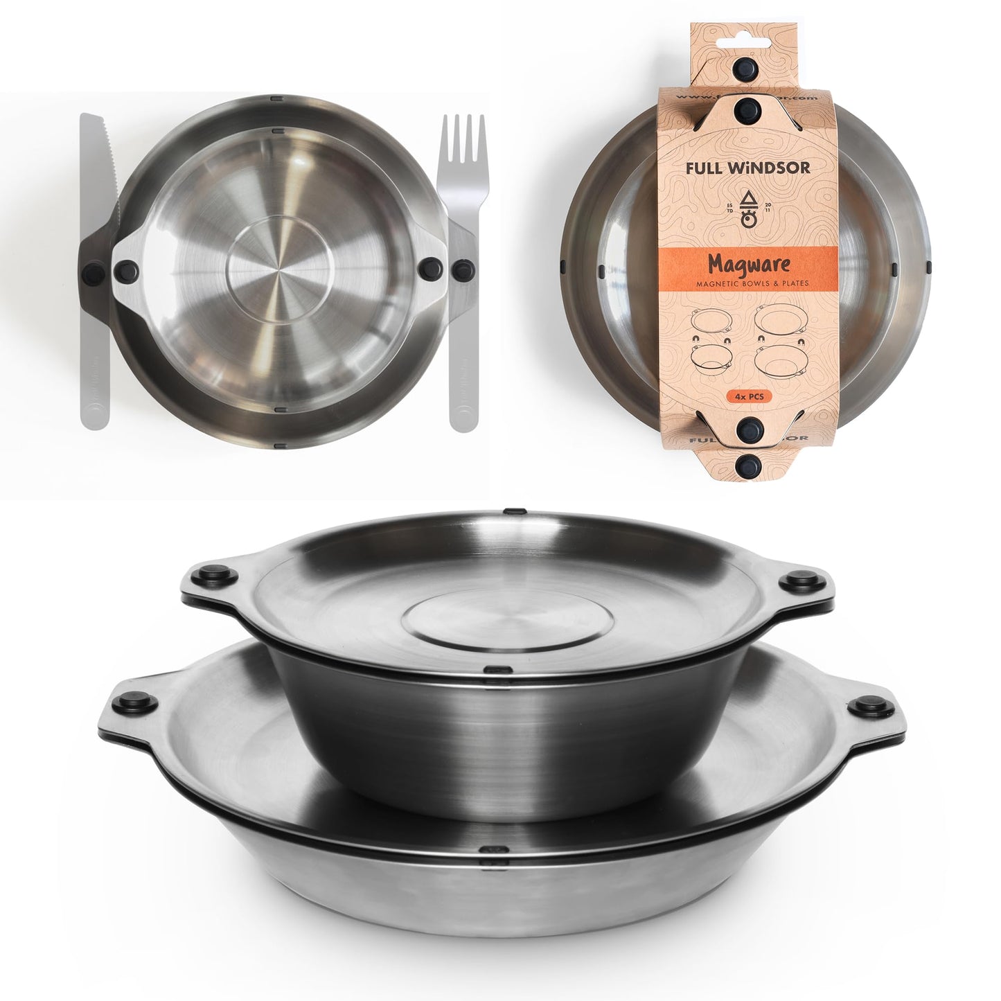 Full Windsor Magware, 35-Pcs Stainless Steel Camping Mess Kit, Magnetic Flatware Plates, Cups, Bowls, Cutlery & Utensils