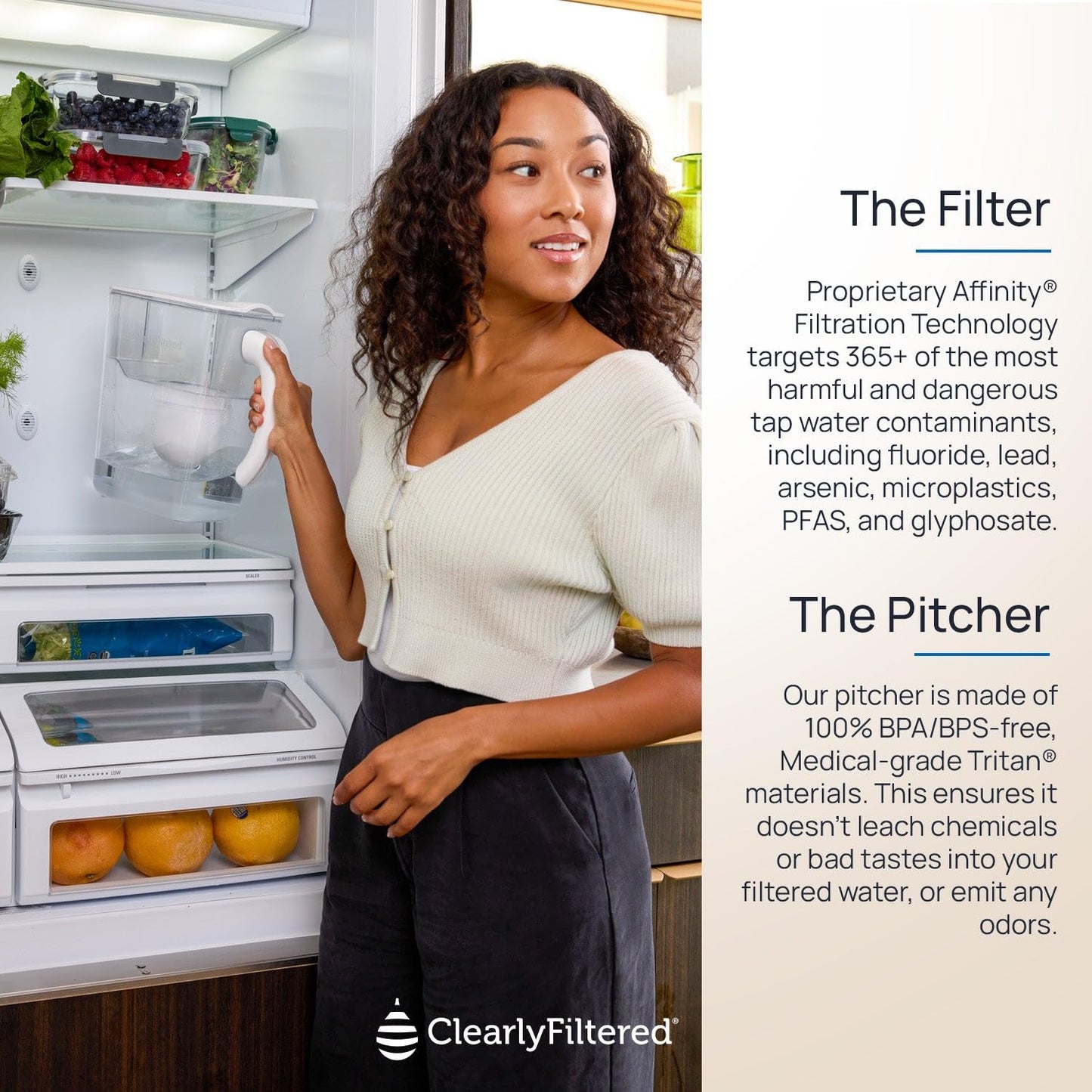Clearly Filtered Filtered Water Pitcher - 80 Fl Oz, NSF Certified - Targets 365+ Contaminants - Fluoride, PFAS, Lead, Chlorine, Microplastics - BPA/BPS Free - 10 Cup Filter (Pitcher Includes 1 Filter)