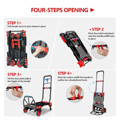 2-in-1 Hand Truck Dolly with Folding Basket, 330LB Heavy Duty Carrying Portable Handtruck, Foldable Hand Dolly with 360° Swivel Wheels&Retractable Handle for Moving, Luggage, Shopping, Office