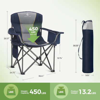 LET'S CAMP Oversized Folding Camping Chair - Heavy Duty Padded with Cup Holder & Cooler Bag | 450 LBS Capacity, 2 Pack