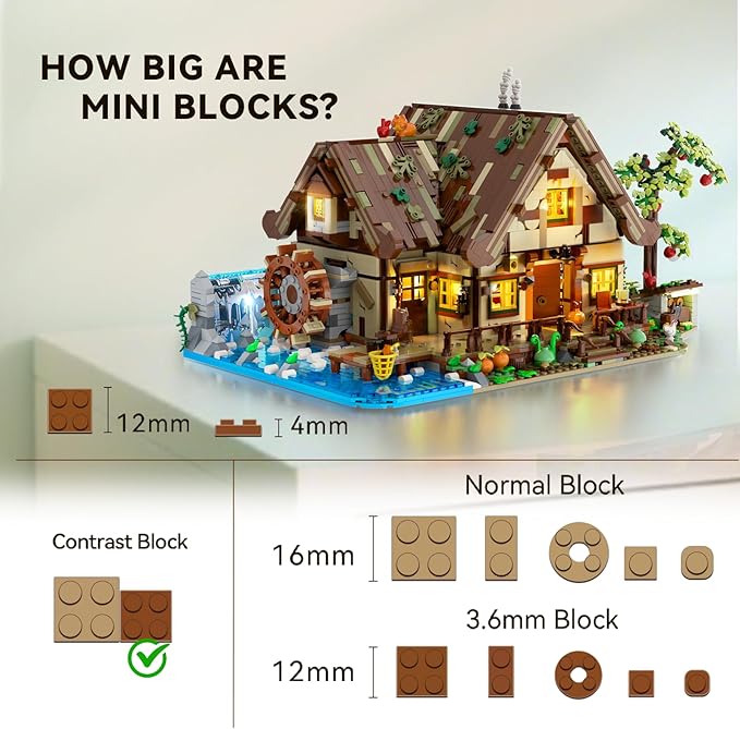 Wood Cabin Mini Building Set with Lights Forest House Building Block Kit with Animals Stream Waterwheel 2570 PCS Treehouse Construction Model Toy Collection for Adults Teens Boys Girls 12+