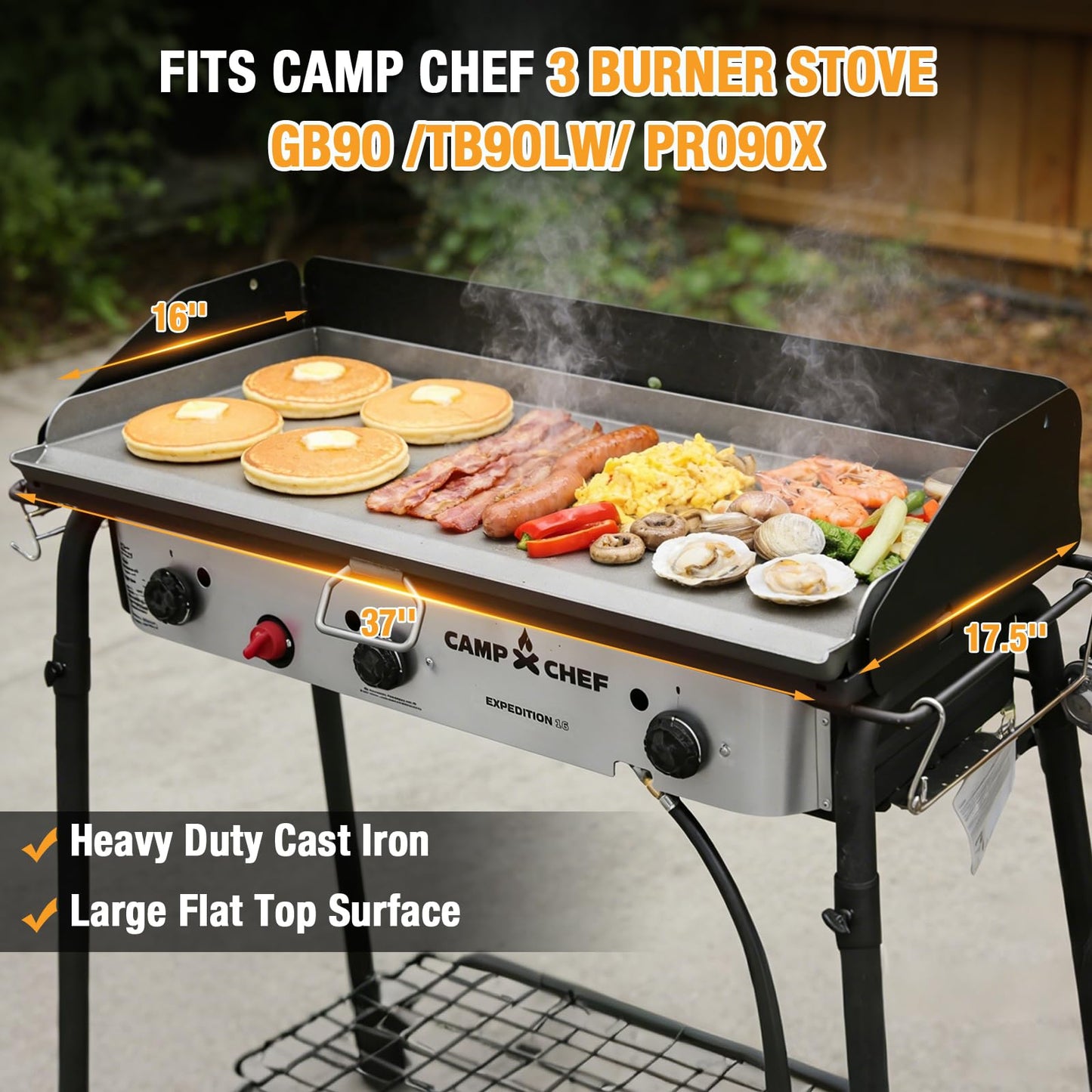 Hisencn Cast Iron Flat Top Fry Griddle for Camp Chef 3 Burner Stove, Griddle Top for Camp Chef Stove, GB90D, TB90LW, TB90, TB90LWG, TB90LWG15,SPG90B,CCH3,Portable Outdoor Stove Accessories,16 x 37 in