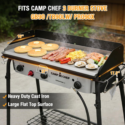 Hisencn Cast Iron Flat Top Fry Griddle for Camp Chef 3 Burner Stove, Griddle Top for Camp Chef Stove, GB90D, TB90LW, TB90, TB90LWG, TB90LWG15,SPG90B,CCH3,Portable Outdoor Stove Accessories,16 x 37 in