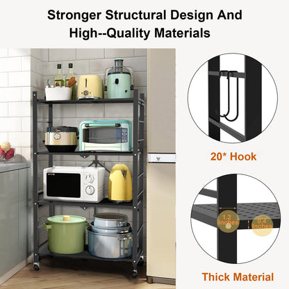 Himix Storage Shelves with Hooks, Foldable Metal Shelving Unit on Wheels, No Assembly Collapsible Shelves for Storage, Holds 264 Ibs Storage Rack for Kitchen Garage Pantry Room Organization