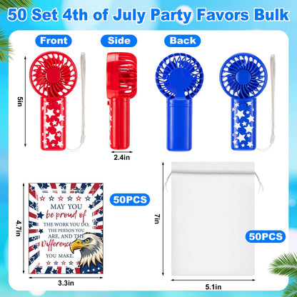 Rossesay 50 Set 4th of July Mini Portable Fans Red White Blue Patriotic Handheld Fans Bulk with Thank You Cards Organza Bags for Summer Independence Day Party Favors, Battery Not Include