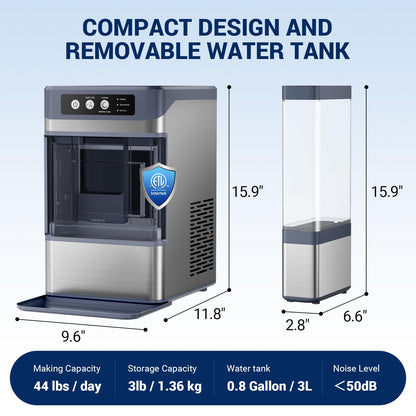 Nugget Ice Maker Countertop, 44lbs/24H with 0.8 Gallon Tank, ETL Approval, Chewable Soft Pellet Ice Ready in 5 Mins, Stainless Steel Countertop Ice Maker with Self-Cleaning for Home, Office, RV