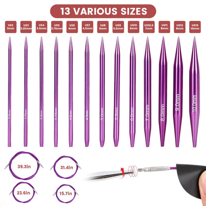 liomey Interchangeable Circular Knitting Needles Set - 13 Pairs of 4 Inch (3mm-10mm), Aluminum Needles, Ergonomic Design for Beginners and Advanced Knitters, Purple