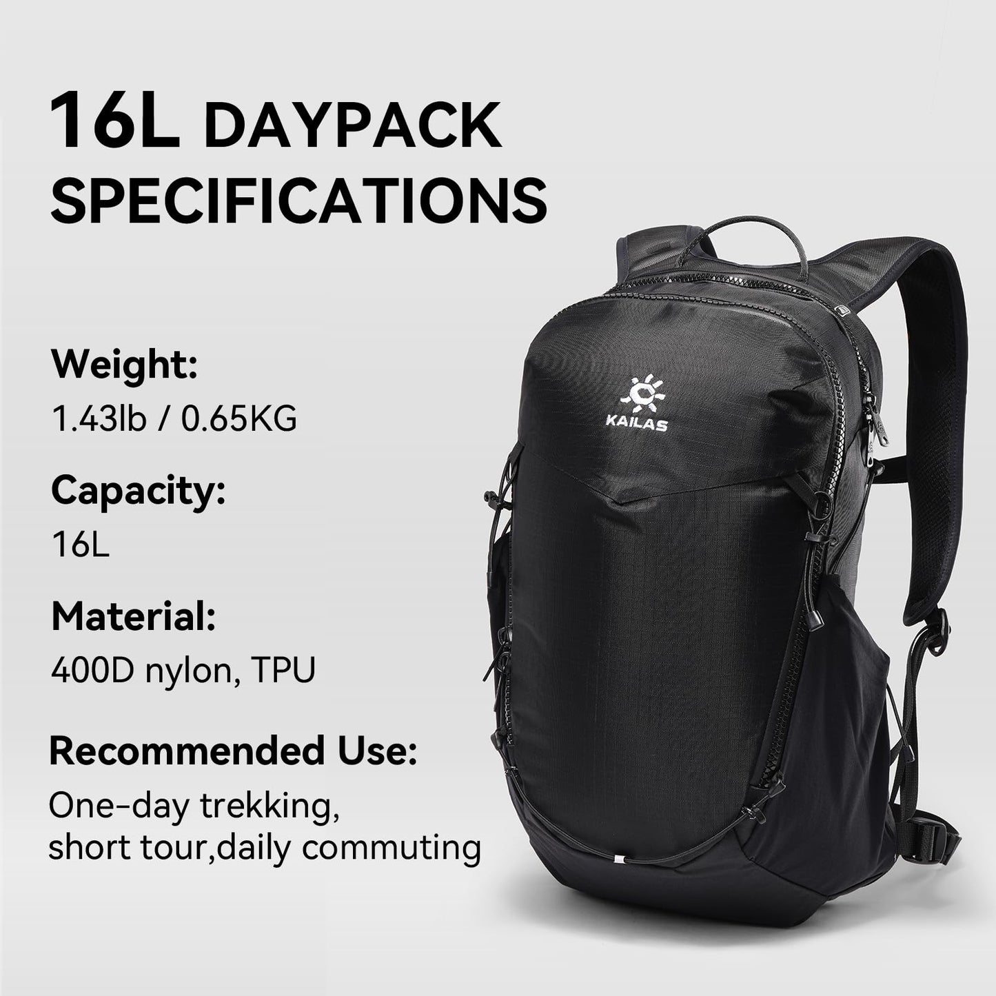 KAILAS Far Mountain16L Lightweight Hiking Backpack Trekking Daypack Small Backpacks Traveling Camping Silent Black