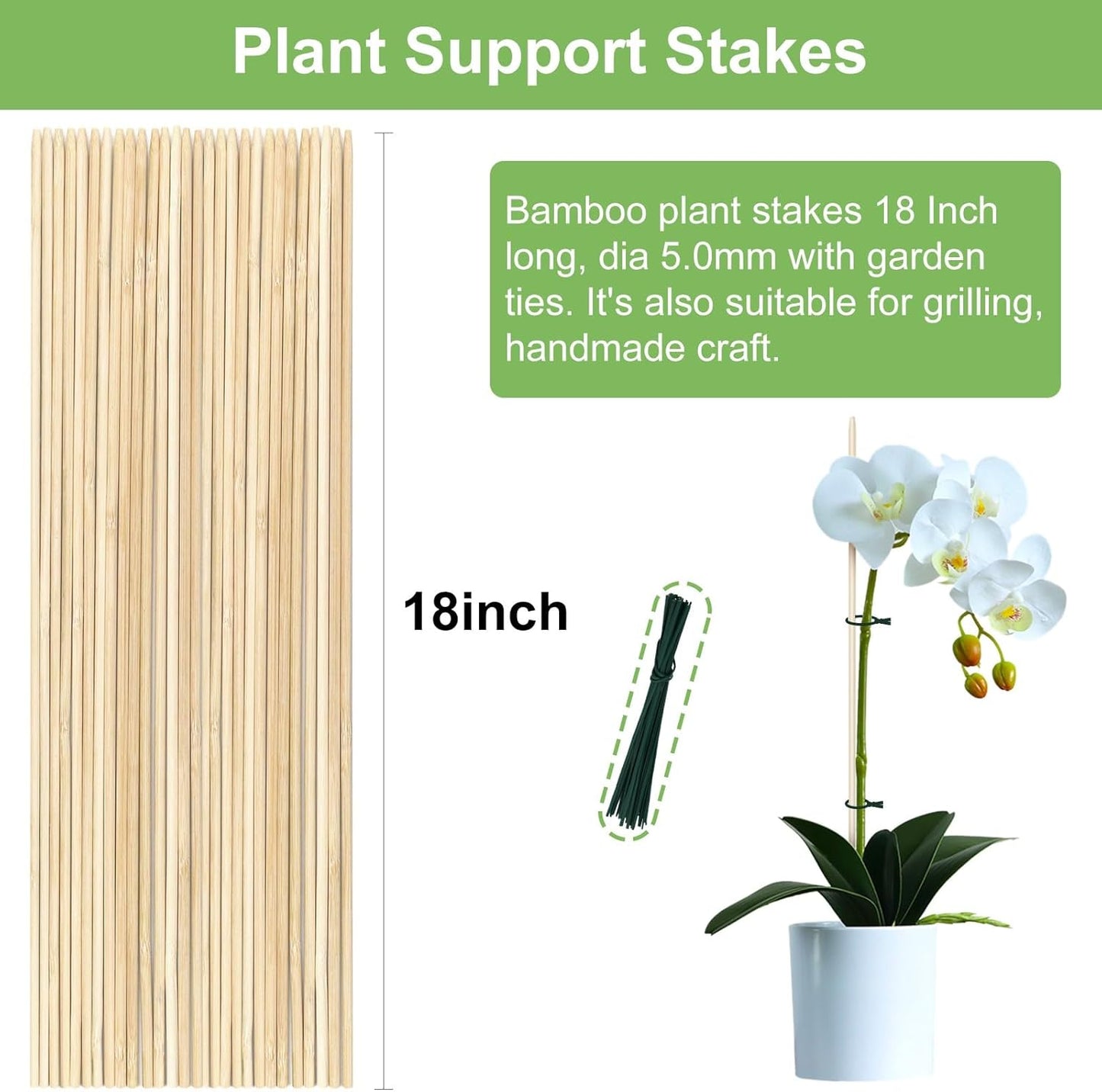 Bamboo Plant Stakes - 18 Inch Wooden Support for Potted Plants | 46 PCS with Wires for Gardening