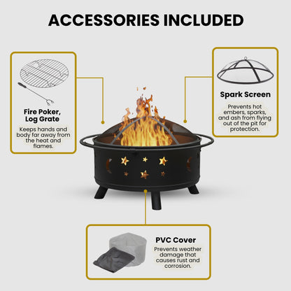 Fire Pit - 32-Inch Outdoor Wood Burning Firepit with Screen, Poker, and Cover - Outdoor Fire Pits for Backyard, Deck, or Patio by Pure Garden (Black)