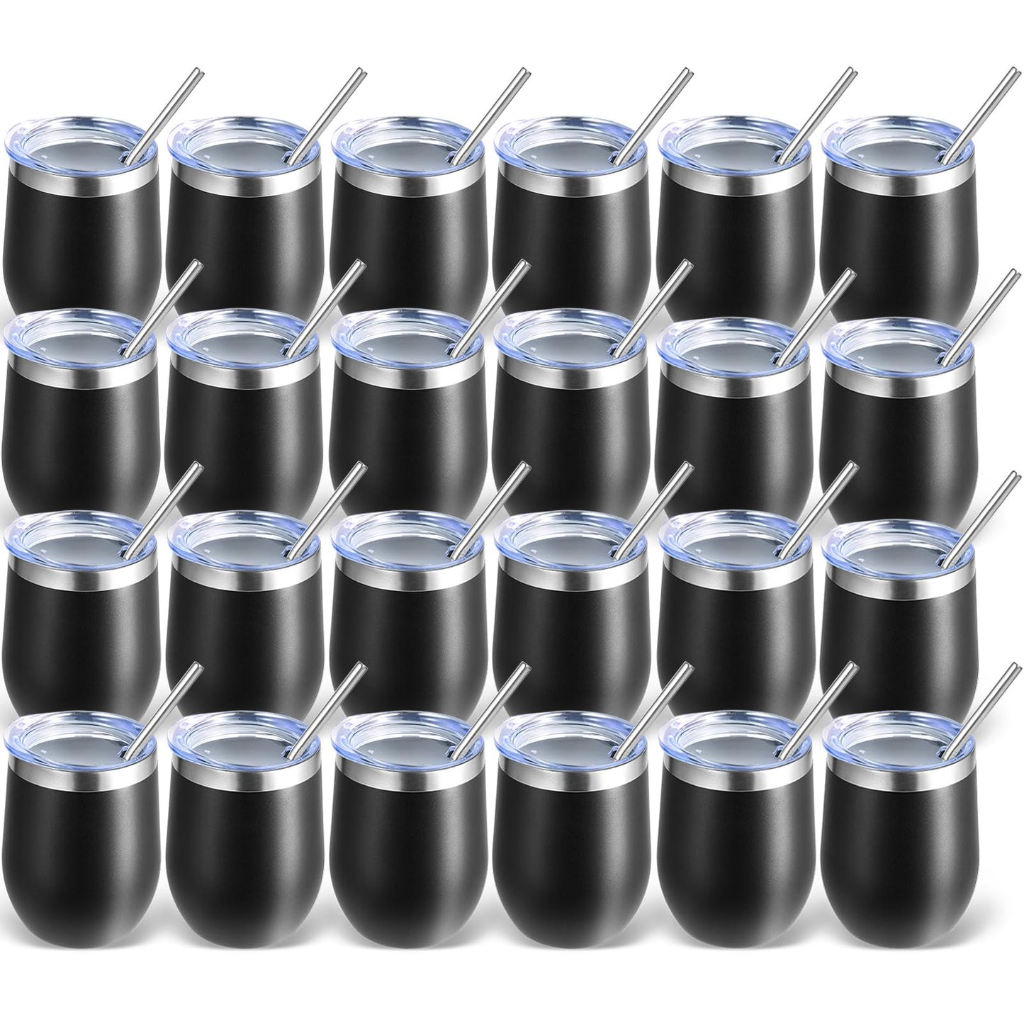 Volhoply 12oz Stainless Steel Wine Tumbler with Lid Bulk 24 Pack,Double Wall Vacuum Stemless Wine Glasses,Reusable Metal Travel Coffee Mug with Straw,Insulated Cups Gifts for Christmas（Black,24 Set）