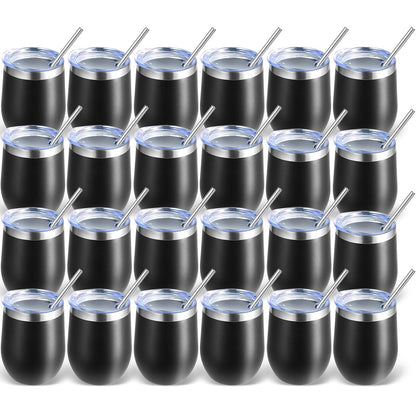 Volhoply 12oz Stainless Steel Wine Tumbler with Lid Bulk 24 Pack,Double Wall Vacuum Stemless Wine Glasses,Reusable Metal Travel Coffee Mug with Straw,Insulated Cups Gifts for Christmas（Black,24 Set）