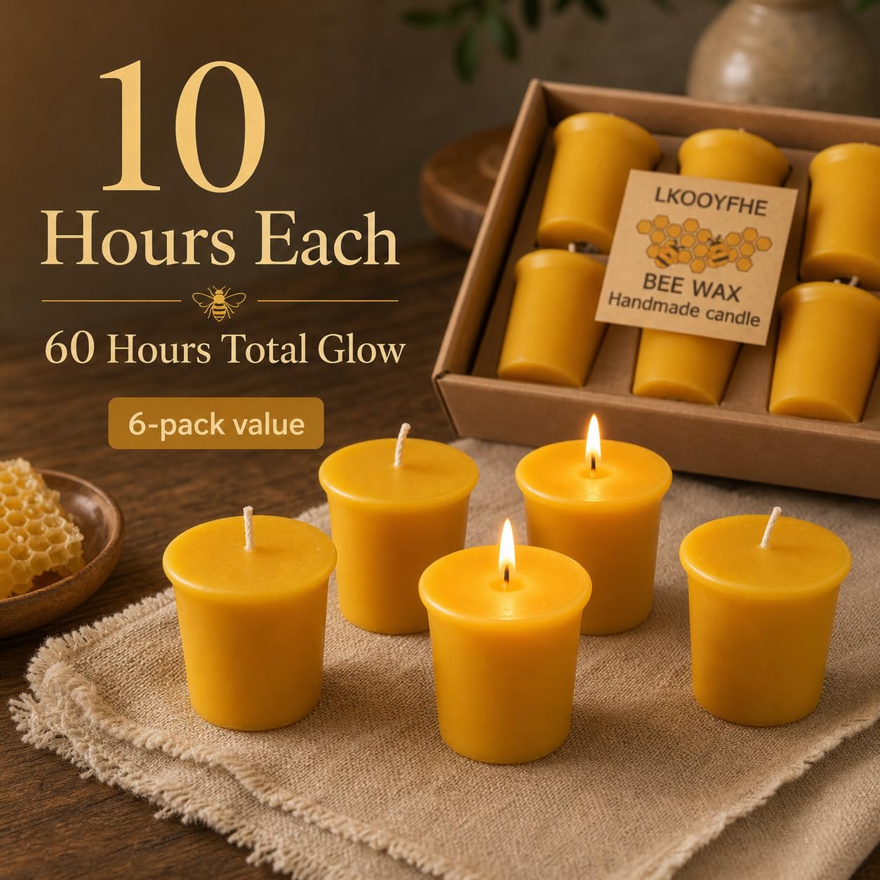 100% Pure Beeswax Votive Candles 2x2 Inch, 6 Pack - 10-Hour Burn Time (60 Hrs Total), Smokeless & Unscented Natural Wax Candles for Prayer, Home Decor, Emergency & Weddings