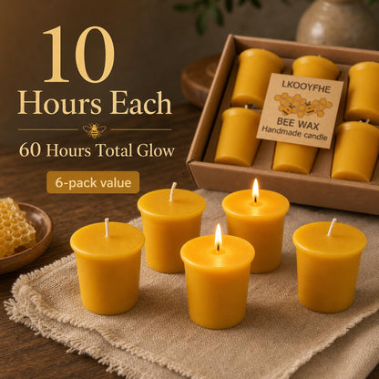 100% Pure Beeswax Votive Candles 2x2 Inch, 6 Pack - 10-Hour Burn Time (60 Hrs Total), Smokeless & Unscented Natural Wax Candles for Prayer, Home Decor, Emergency & Weddings