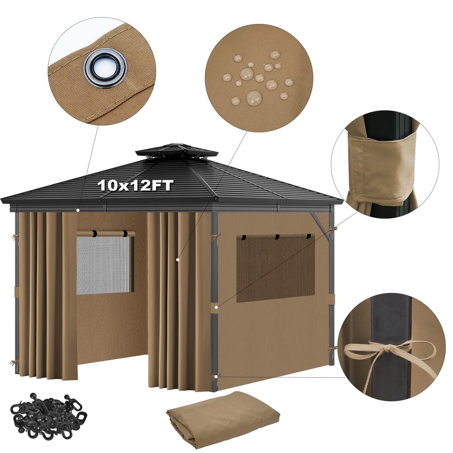 Universal Replacement Privacy Curtains for Gazebos, 10x12 ft Outdoor Waterproof with Large Mosquito-Proof Window Opening, 2-Piece Four-Sided Side Walls with Zippers (Curtains Only, Khaki)
