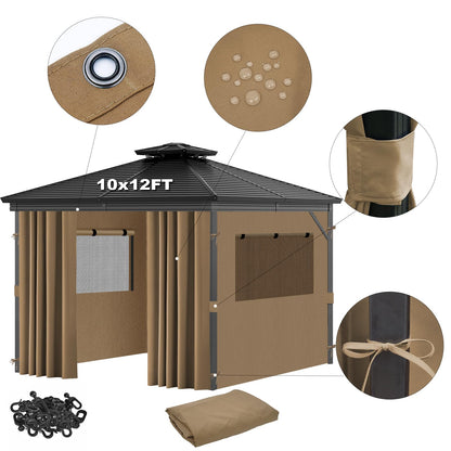 Universal Replacement Privacy Curtains for Gazebos, 10x12 ft Outdoor Waterproof with Large Mosquito-Proof Window Opening, 2-Piece Four-Sided Side Walls with Zippers (Curtains Only, Khaki)