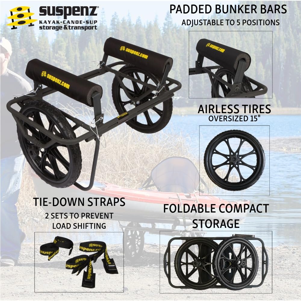 Suspenz Kayak Canoe Transport Cart, All-Terrain Super Duty Trolley Carrier with No-Flat Airless Wheels and Kickstand, 350 lb Load Capacity, Black (22-9908)